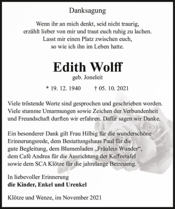 Traueranzeige von Edith Wolff (geb. Joneleit)  von Magdeburger Volksstimme