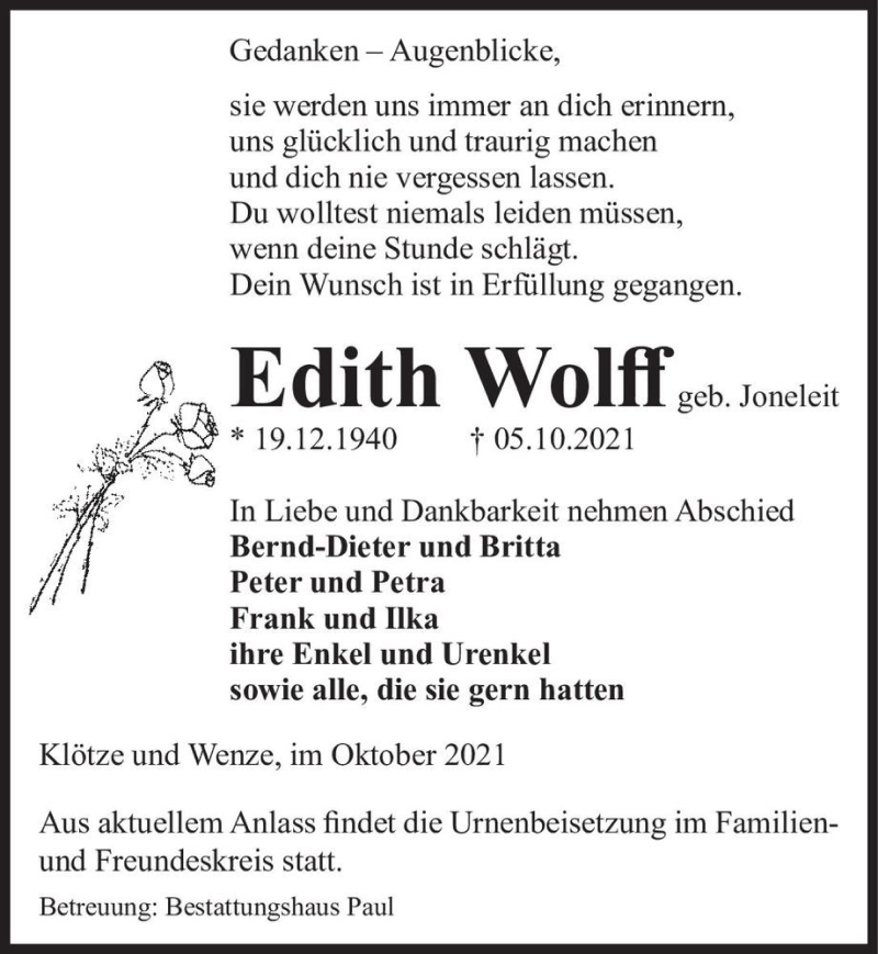  Traueranzeige für Edith Wolff (geb. Joneleit)  vom 12.10.2021 aus Magdeburger Volksstimme