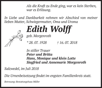 Traueranzeige von Edith Wolff (geb. Morgenroth)  von Magdeburger Volksstimme