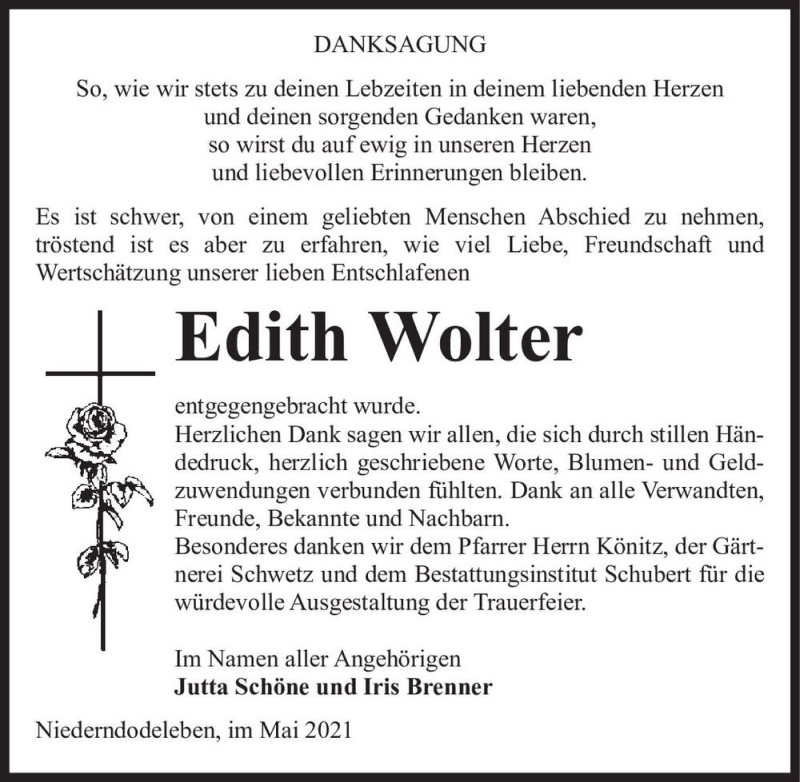  Traueranzeige für Edith Wolter  vom 15.05.2021 aus Magdeburger Volksstimme