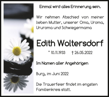 Traueranzeige von Edith Woltersdorf  von Magdeburger Volksstimme