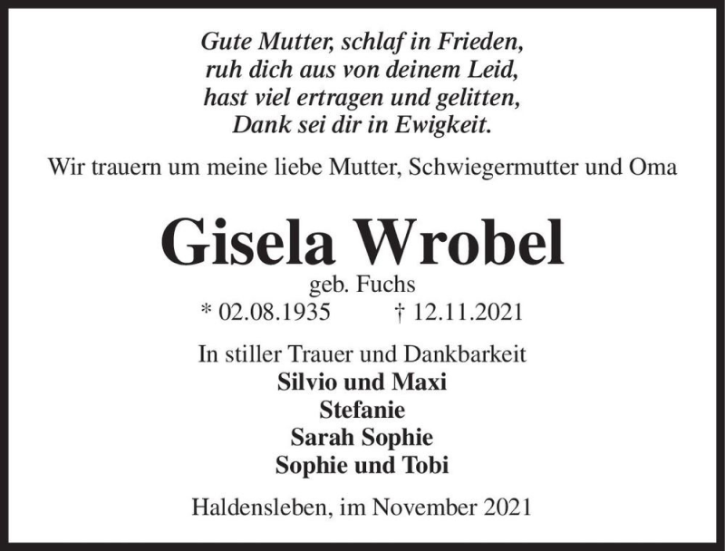  Traueranzeige für Edith Wrobel (geb. Fuchs)  vom 20.11.2021 aus Magdeburger Volksstimme