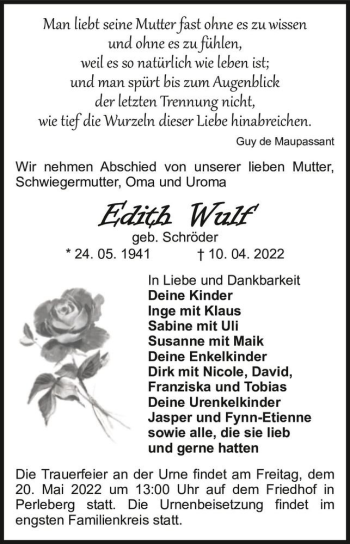 Traueranzeige von Edith Wulf (geb. Schröder)  von Magdeburger Volksstimme