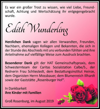Traueranzeige von Edith Wunderling  von Magdeburger Volksstimme