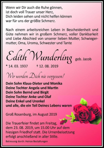 Traueranzeige von Edith Wunderling (geb. Jacob)  von Magdeburger Volksstimme