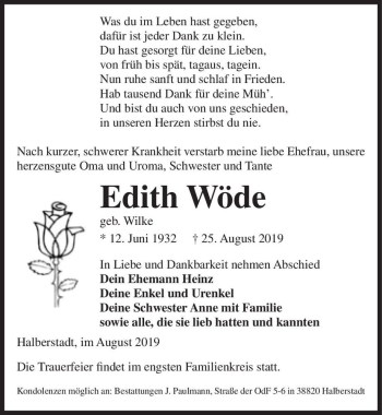 Traueranzeige von Edith Wöde (geb. Wilke)  von Magdeburger Volksstimme