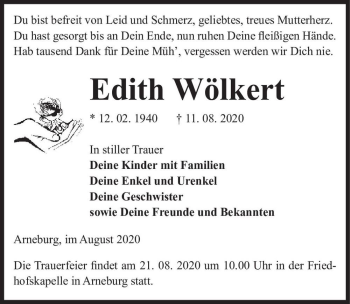 Traueranzeige von Edith Wölkert  von Magdeburger Volksstimme