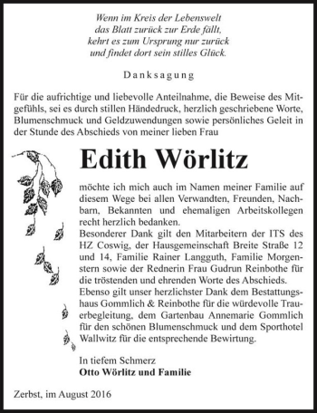 Traueranzeige von Edith Wörlitz  von Magdeburger Volksstimme