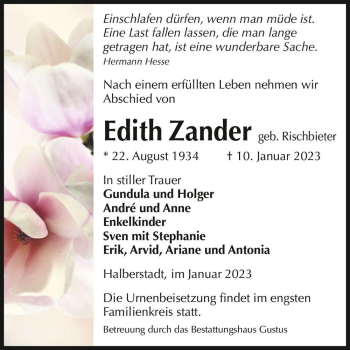 Traueranzeige von Edith Zander (geb. Rischbieter)  von Magdeburger Volksstimme
