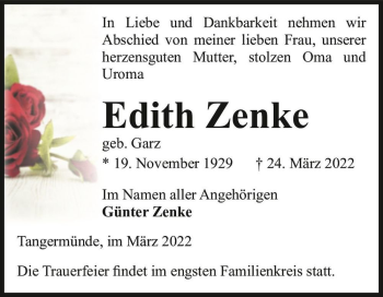 Traueranzeige von Edith Zenke (geb. Garz)  von Magdeburger Volksstimme
