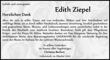Traueranzeige von Edith Ziepel  von Magdeburger Volksstimme