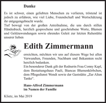 Traueranzeige von Edith Zimmermann  von Magdeburger Volksstimme
