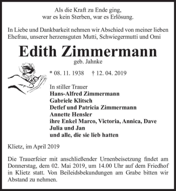 Traueranzeige von Edith Zimmermann (geb. Jahnke)  von Magdeburger Volksstimme