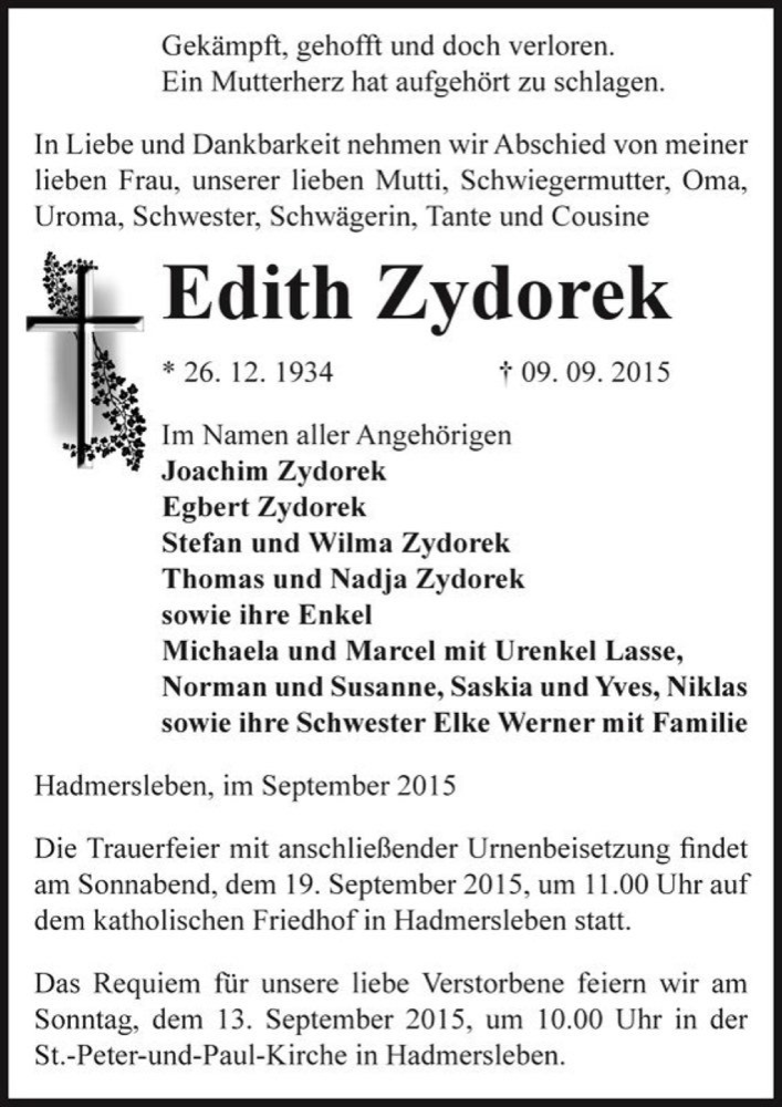  Traueranzeige für Edith Zydorek  vom 12.09.2015 aus Magdeburger Volksstimme