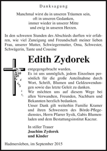 Traueranzeige von Edith Zydorek  von Magdeburger Volksstimme