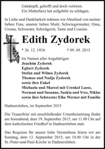 Traueranzeige von Edith Zydorek  von Magdeburger Volksstimme
