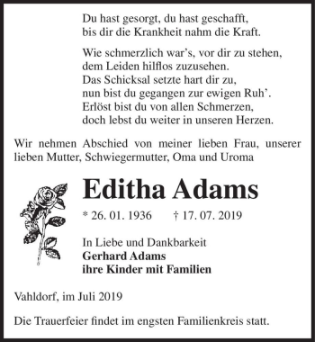 Traueranzeige von Editha Adams  von Magdeburger Volksstimme
