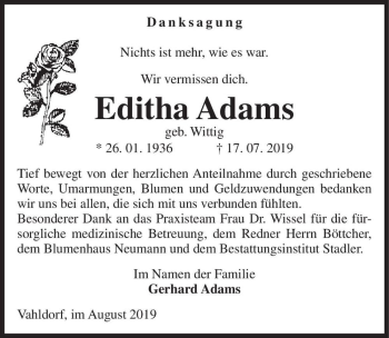 Traueranzeige von Editha Adams (geb. Wittig)  von Magdeburger Volksstimme