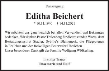 Traueranzeige von Editha Beichert  von Magdeburger Volksstimme