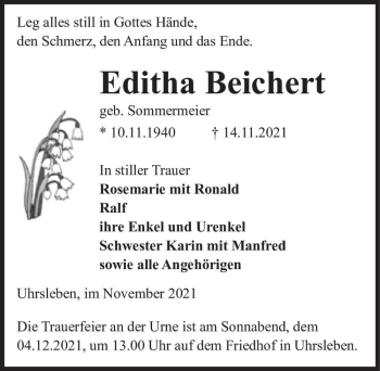 Traueranzeige von Editha Beichert (geb. Sommermeier)  von Magdeburger Volksstimme