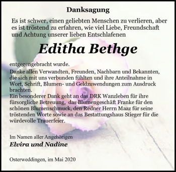 Traueranzeige von Editha Bethge  von Magdeburger Volksstimme