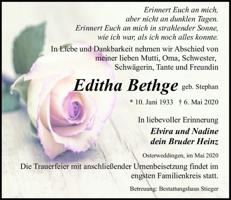 Traueranzeige für Editha Bethge (geb. Stephan)  vom 16.05.2020 aus Magdeburger Volksstimme