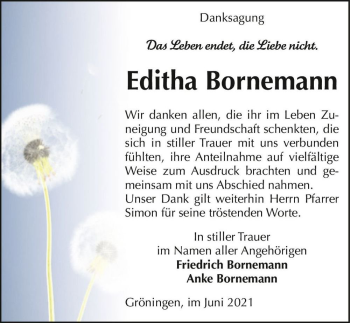 Traueranzeige von Editha Bornemann  von Magdeburger Volksstimme