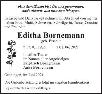 Traueranzeige von Editha Bornemann (geb. Eisebitt)  von Magdeburger Volksstimme