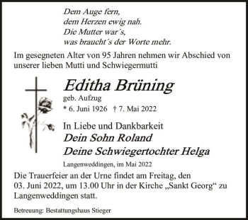 Traueranzeige von Editha Brüning (geb. Aufzug)  von Magdeburger Volksstimme
