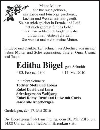 Traueranzeige von Editha Bögel (geb. Schmidt)  von Magdeburger Volksstimme