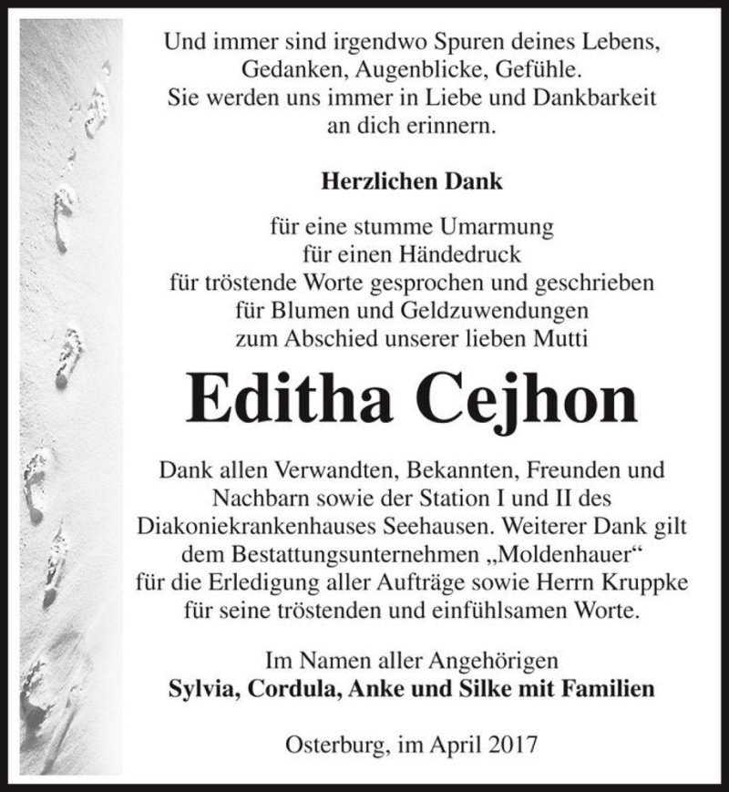  Traueranzeige für Editha Cejhon  vom 06.05.2017 aus Magdeburger Volksstimme