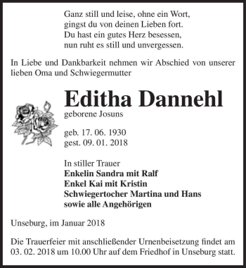Traueranzeige von Editha Dannehl (geb. Josuns)  von Magdeburger Volksstimme
