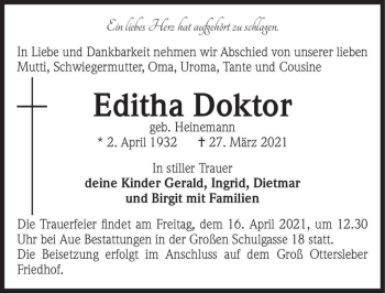 Traueranzeige von Editha Doktor (geb. Heinemann)  von Magdeburger Volksstimme