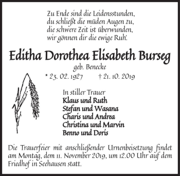 Traueranzeige von Editha Dorothea Elisabeth Burseg (geb. Benecke)  von Magdeburger Volksstimme