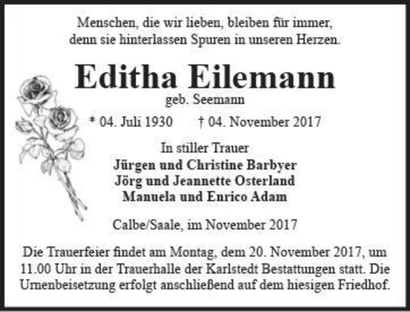  Traueranzeige für Editha Eilemann (geb. Seemann)  vom 11.11.2017 aus Magdeburger Volksstimme