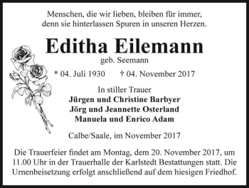 Traueranzeige von Editha Eilemann (geb. Seemann)  von Magdeburger Volksstimme