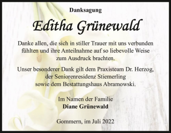 Traueranzeige von Editha Grünewald  von Magdeburger Volksstimme