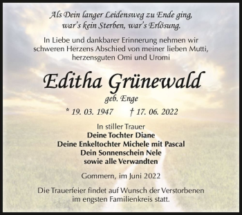Traueranzeige von Editha Grünewald (geb. Enge)  von Magdeburger Volksstimme