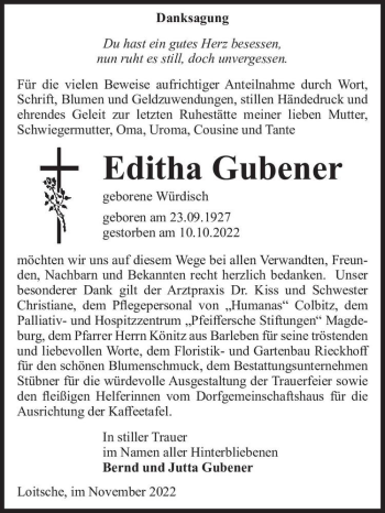 Traueranzeige von Editha Gubener (geb. Würdisch)  von Magdeburger Volksstimme