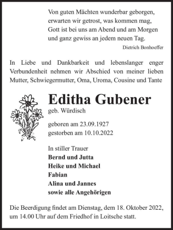 Traueranzeige von Editha Gubener (geb. Würdisch)  von Magdeburger Volksstimme