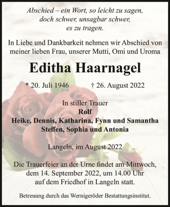 Traueranzeige von Editha Haarnagel  von Magdeburger Volksstimme