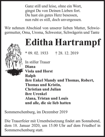 Traueranzeige von Editha Hartrampf  von Magdeburger Volksstimme