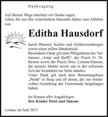 Traueranzeige von Editha Hausdorf  von Magdeburger Volksstimme