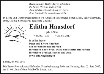 Traueranzeige von Editha Hausdorf (geb. Köther)  von Magdeburger Volksstimme
