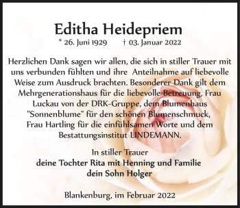 Traueranzeige von Editha Heidepriem  von Magdeburger Volksstimme