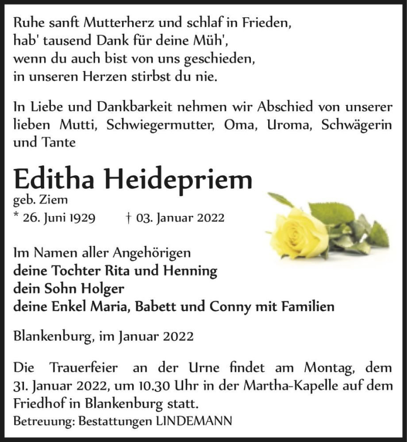 Traueranzeige für Editha Heidepriem (geb. Ziem)  vom 08.01.2022 aus Magdeburger Volksstimme