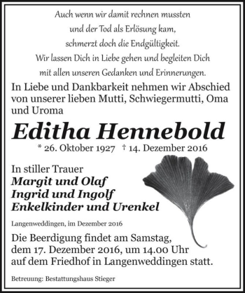 Traueranzeige von Editha Hennebold  von Magdeburger Volksstimme