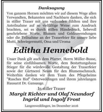 Traueranzeige von Editha Hennebold  von Magdeburger Volksstimme