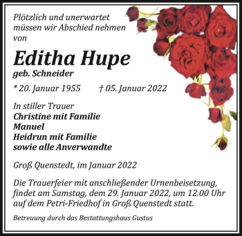 Traueranzeige von Editha Hupe (geb. Schneider)  von Magdeburger Volksstimme