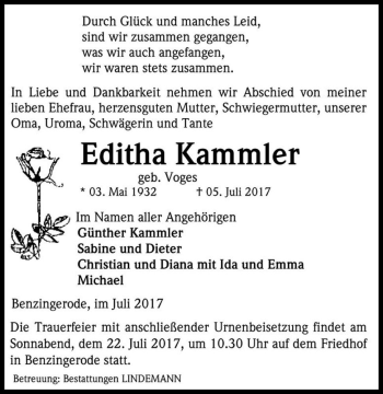 Traueranzeige von Editha Kammler (geb. Voges)  von Magdeburger Volksstimme